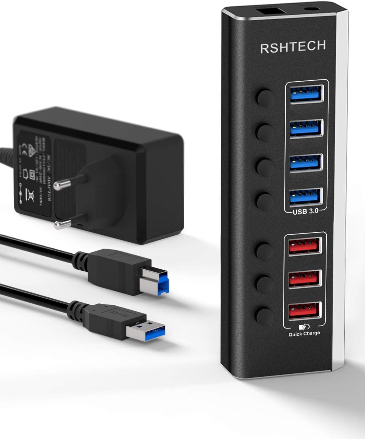 RSHTECH Aluminium USB Hub Aktiv 3.0 mit 12V/2A Netzteil(24w), RSH-A35