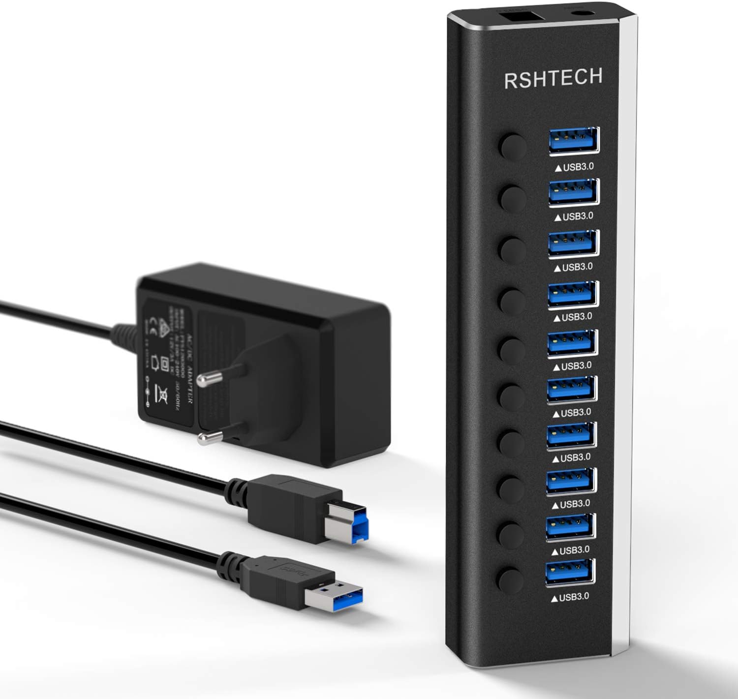 RSHTECH 10 Ports USB Hub Aktiv 3.0 mit Netzteil & Schaltertaste, RSH-A10