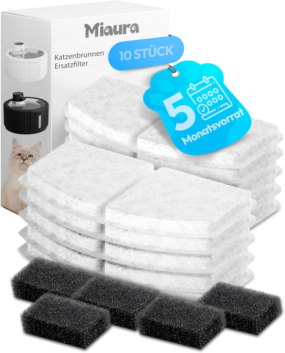 Miaura® Katzenbrunnen kabellos und super leise - Trinkbrunnen für Katze 2.8L Kapazität - Katzen Trinkbrunnen mit Bewegungsmelder - Katzentrinkbrunnen mit exzellenter Akkulaufzeit - Cat Fountain