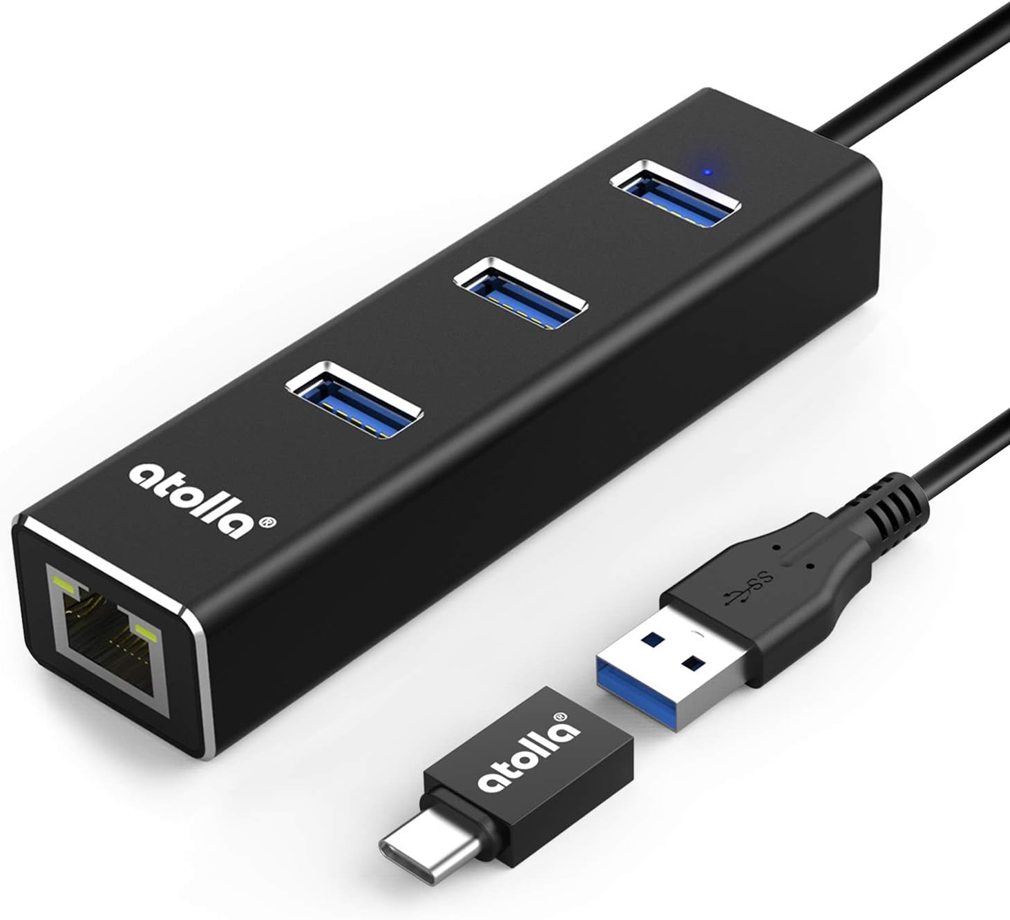 atolla USB LAN Adapter, Aluminium USB Hub mit 3 USB 3.0 Ports und RJ45 Gigabit Ethernet Netzwerkadapter, USB Ethernet Adapter mit USB C Adapter für Windows 10, 8.1, 8, 7, Vista, XP, Linux, Mac OS X