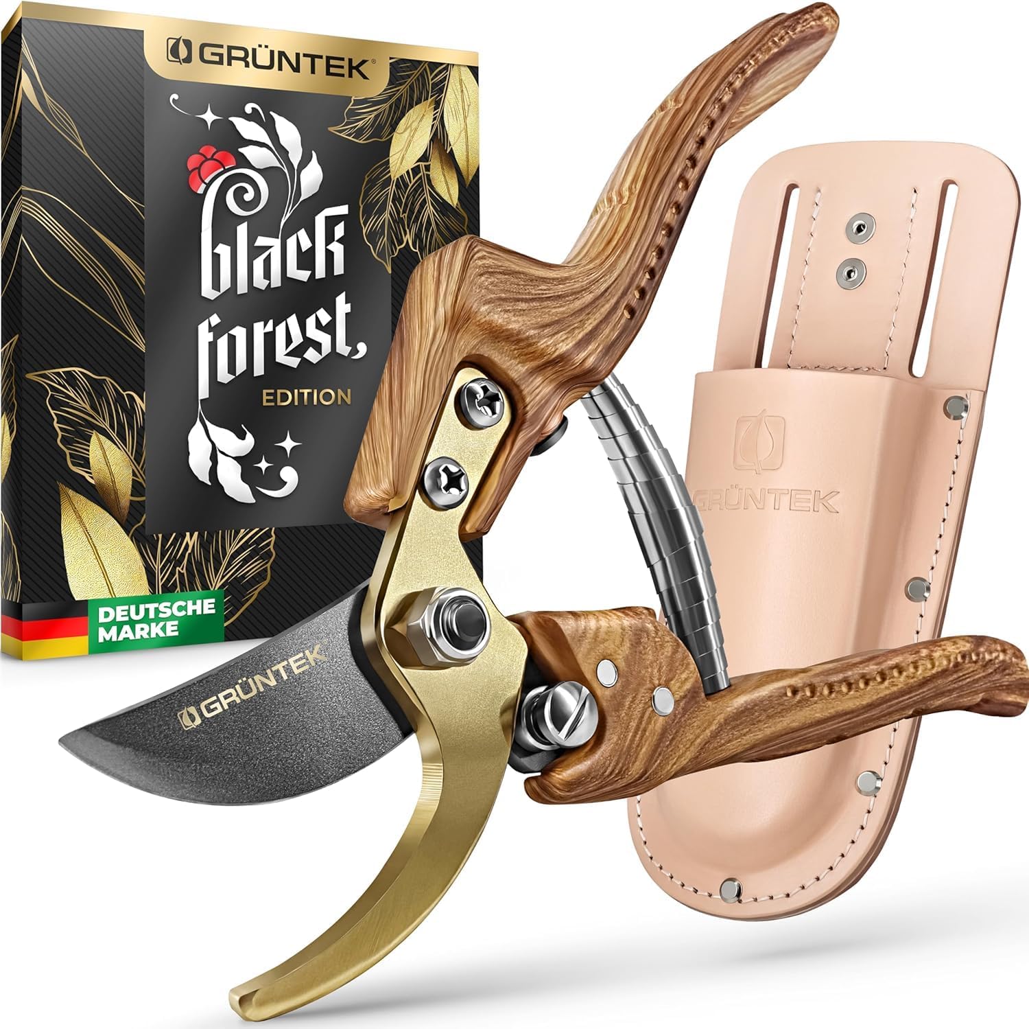 GRÜNTEK Premium Gartenscheren-Holster, Hochwertiges Burgunder-rotes/naturbraunes Echt-Leder mit Gartenschere, Gürtelschlaufe, Starke Halteklammer, Werkzeug-Halter für Garten-Scheren, Etui, Halfter
