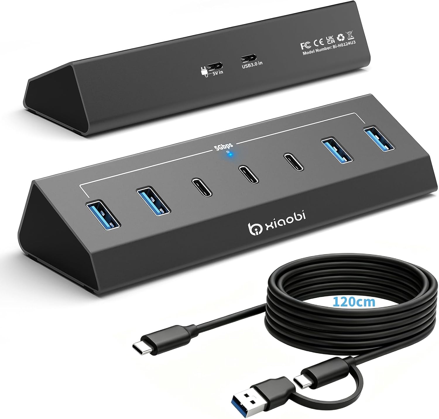 USB-C-Hub mit 7 Anschlüssen, mehrere USB-3.0-Hub mit 4 USB-A und 3 x USB-C für Laptop, USBC-Splitter für Laptop, PC, Desktop und mehr (1.2 m)