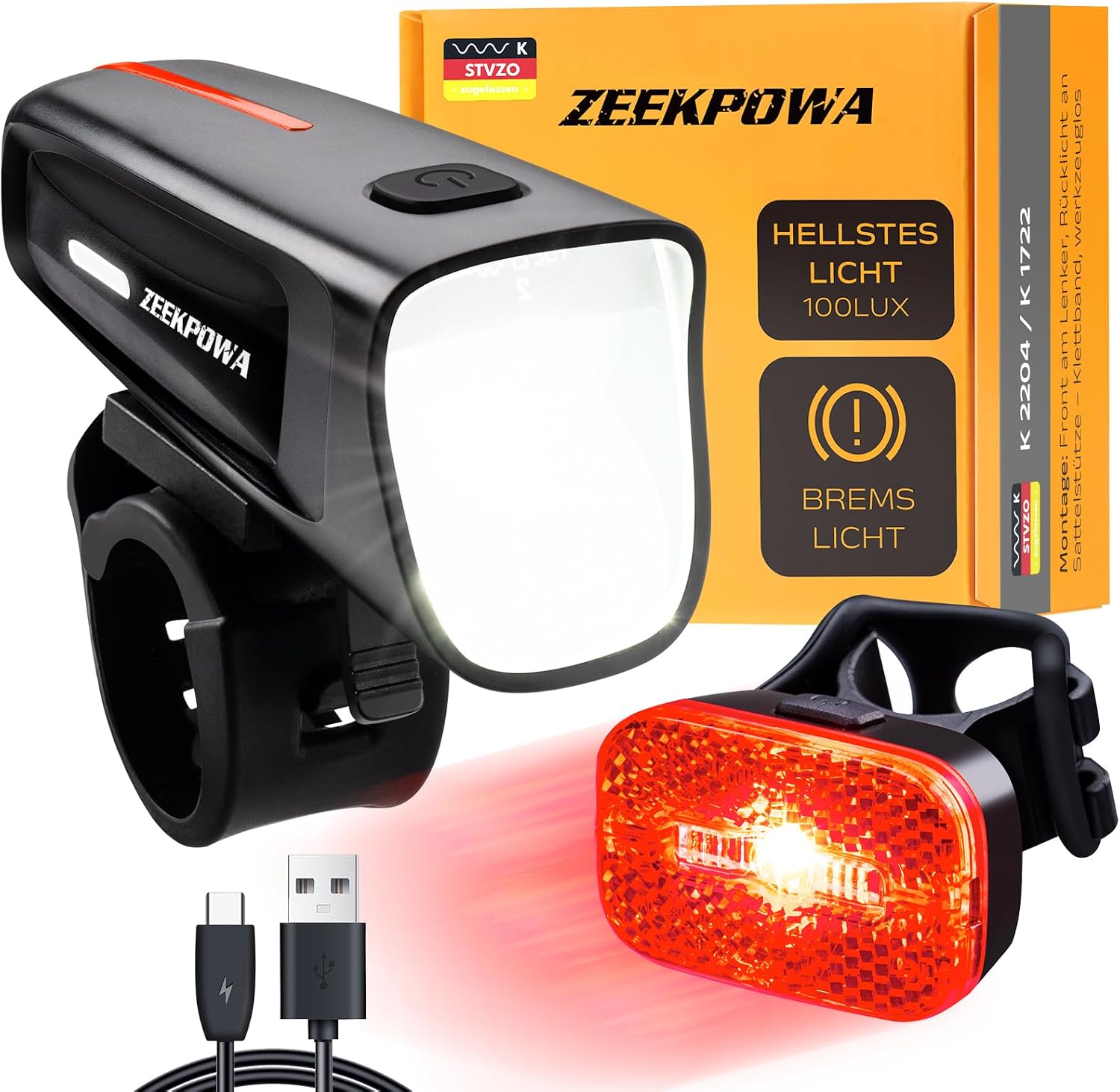 Fahrradlicht Set 100 Lux StVZO, USB-C Akku Vorderlicht + Rücklicht mit Bremslichtfunktion, wasserdicht IPX5 für Pendler & Nachtfahrten