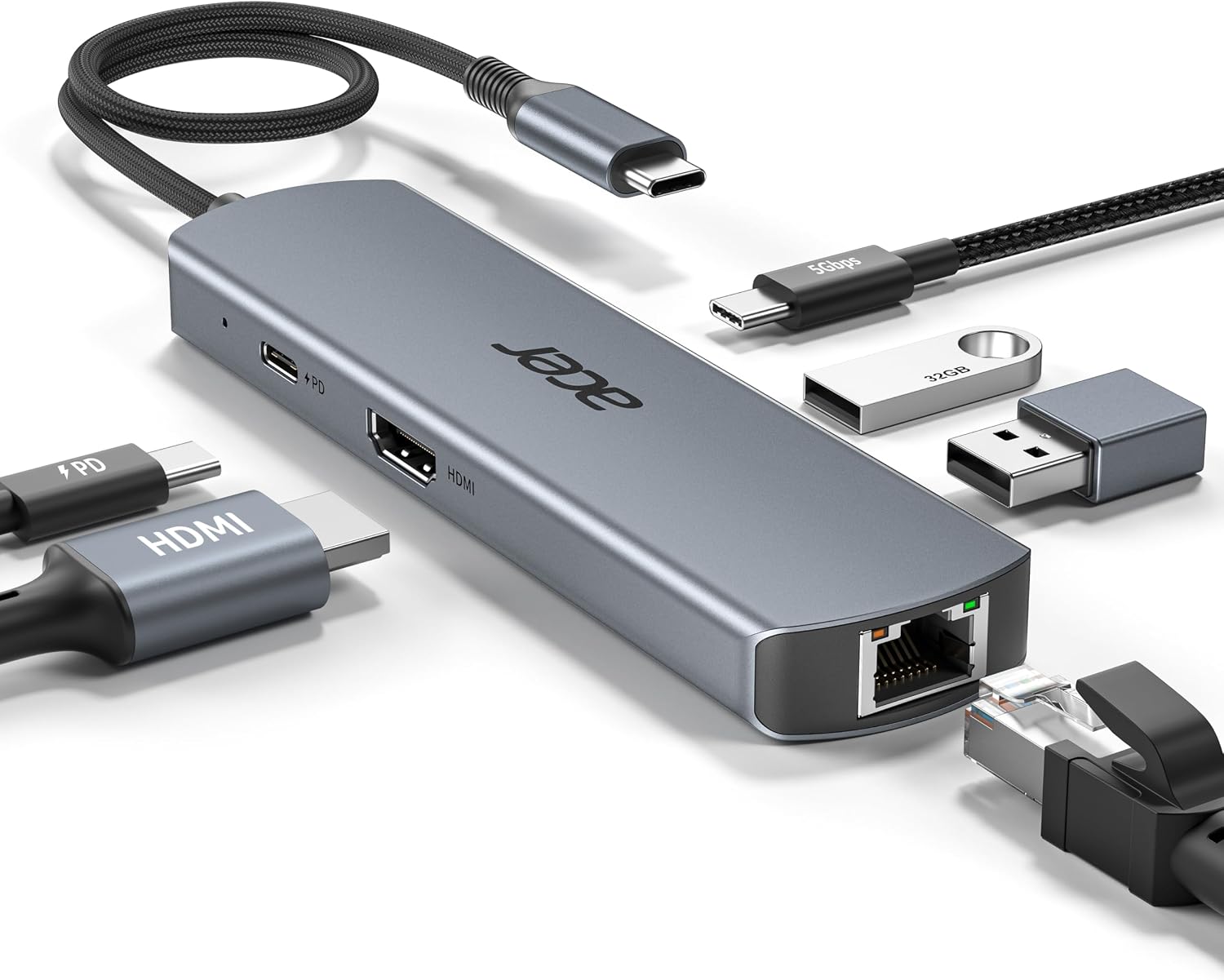 Acer USB C HUB Ethernet, mit 4K@60Hz HDMI, 1*USB-C+2*USB-A 5Gbps, 100W PD