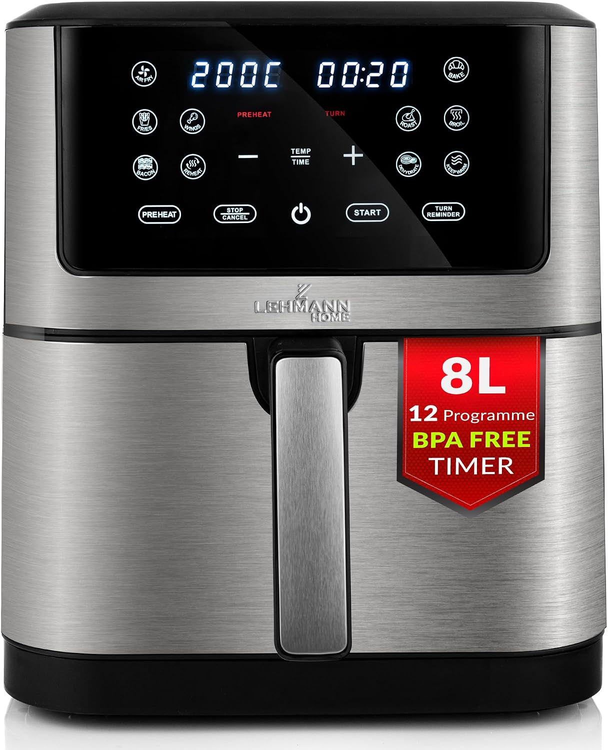 LEHMANN Heißluftfritteuse XXL 8L, 1800 W, 8-in-1 Air Fryer mit 12 Programmen, bis 200°C, Timer, Antihaftbeschichtet, Spülmaschinenfester, Grillen, Backen, Dehydrieren mit Air Fry Technologie