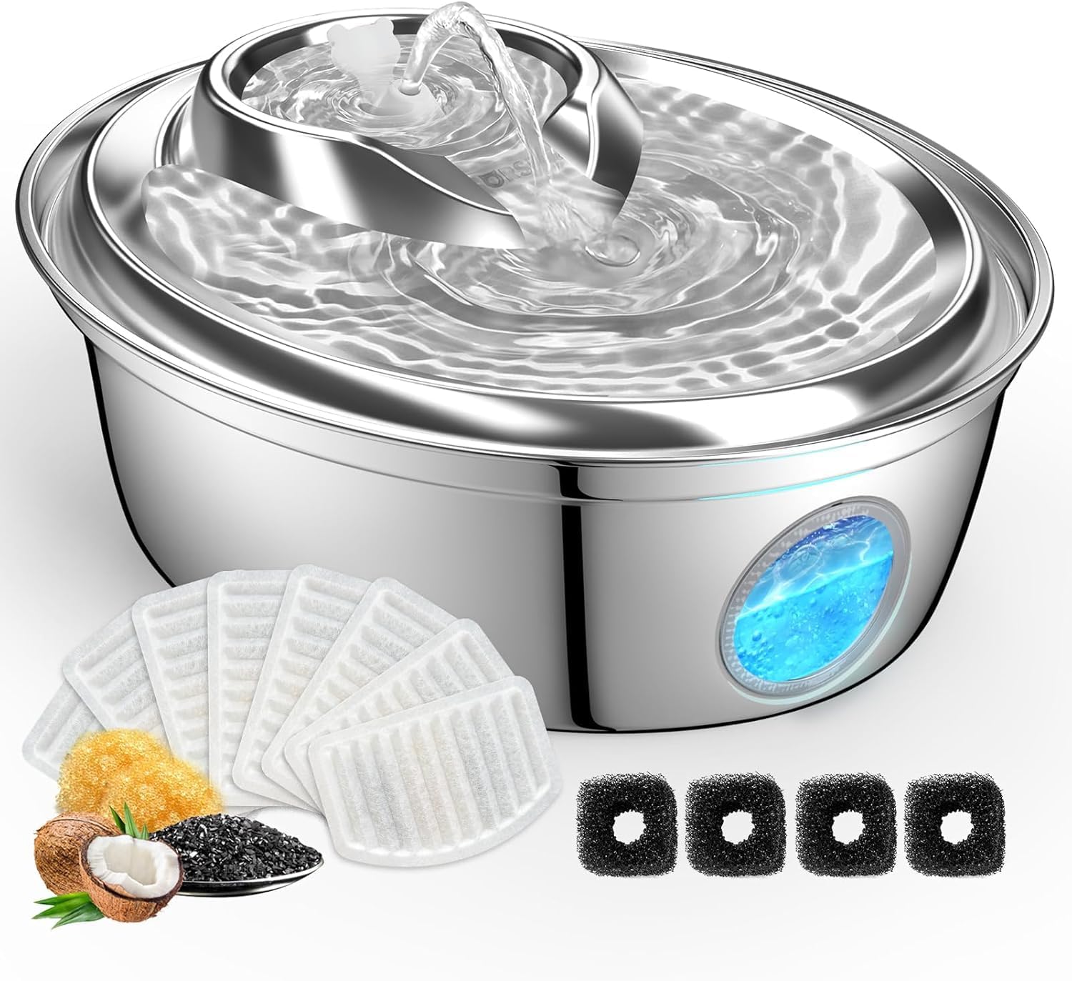 GoldenSun Katzenbrunnen, Rostfreie Stähle Automatischer Wasserbrunnen für Katzen, 2L Katzen Trinkbrunnen – 12 Aktivkohlefilter, Geeignet für alle Rassengrößen (D36)