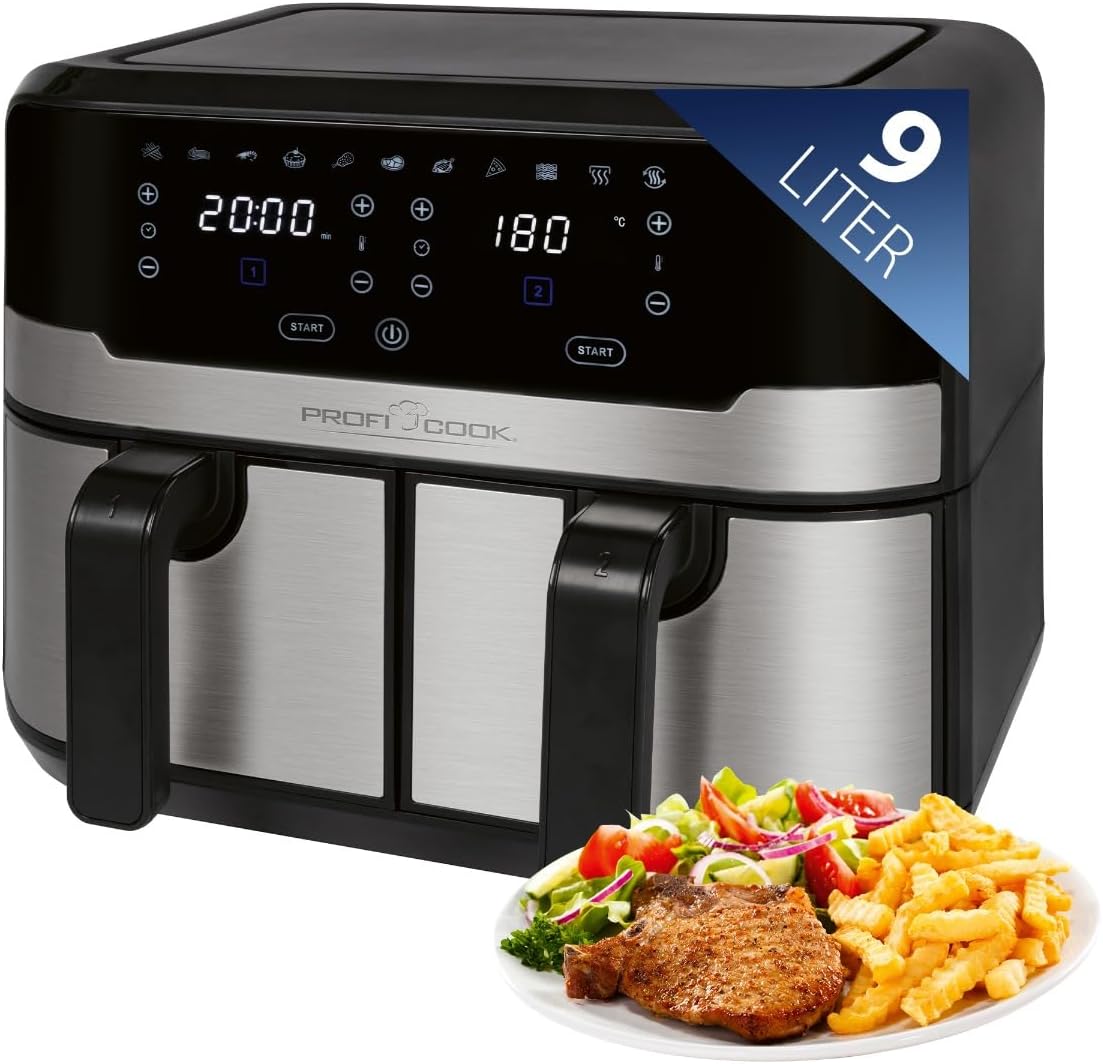 ProfiCook® XXL Heißluftfritteuse | 10L | Öl und Fettfrei | buntes Touch-Display | 2400W Airfryer | Heißluftfritteuse 2 Kammern | 10 Programme | 80-200°C | Heissluftfritteuse | PC FR 1313 H