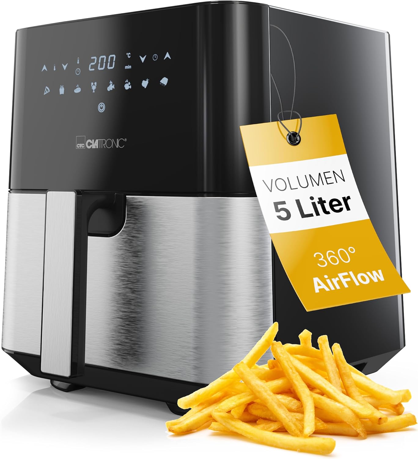 Clatronic® Heißluftfritteuse XXL - 5L Fritteuse | Heißluft für fettfreies frittieren| Edelstahl-Airfryer mit digitalem Touchscreen | 360° Air-Flow | Heißluft-Friteuse mit 8 Programmen | FR 3782 H