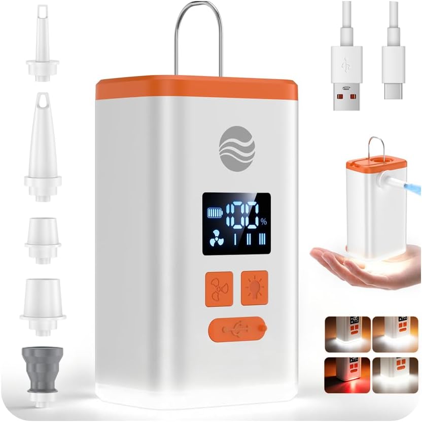 Elektrische Luftpumpe Für Luftmatratze, 4.8 kPa Wiederaufladbare Luftpumpe Luftmatratze & Campinglampe & 6 Düsen, 5000mAh Akku Luftpumpe Tragbar Mini Für Camping, Schwimmring, Luftkissen, Vakuumbeutel