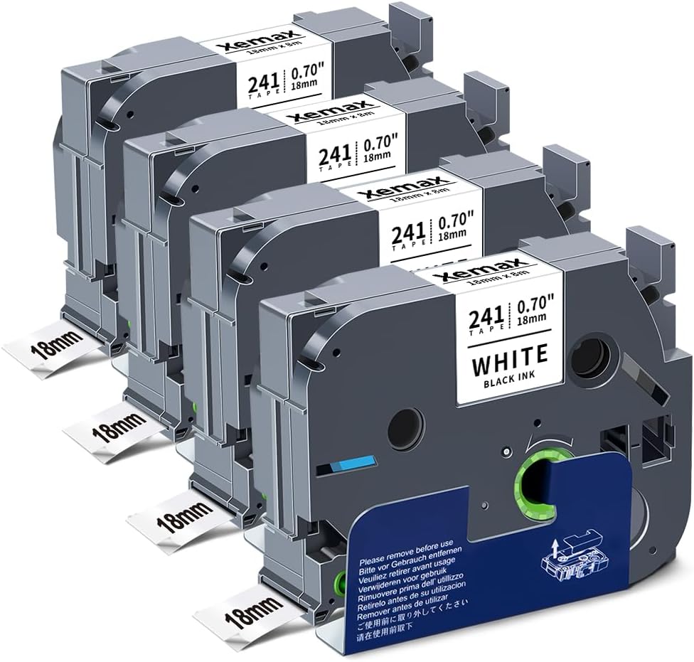 4x XemaX Etikettenbänder Kompatibel für Brother P-touch Bänder 18mm x 8m TZe-241 Etikettierbänder Schwarz auf Weiß für Brother Ptouch Etikettendrucker PT-D600 D400 D450 P900W E550W P750W P710BT