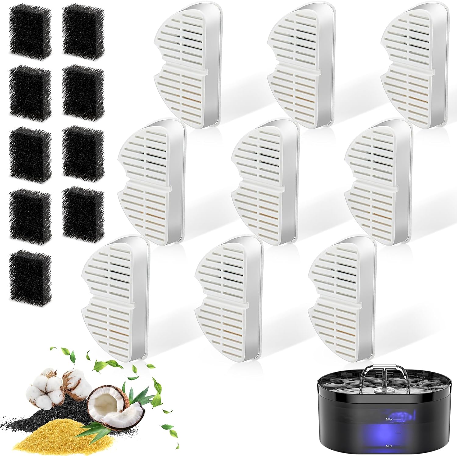 Cat Fountain Filter, 9 Pieces Filters + 9 Pieces Foam Filters for Cat Drinking Fountain, Filtering Hair (Sponge), Triple Filtration (Filter) Stück