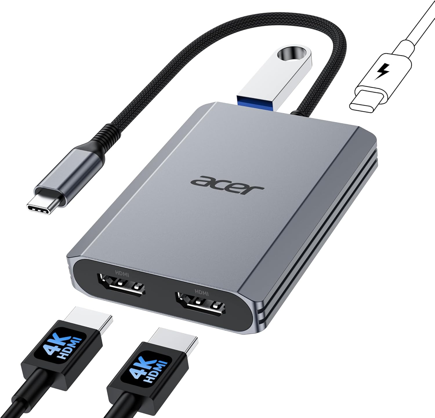 Acer USB C auf Dual HDMI Adapter 4K@60Hz, 4-in-1 Hub mit 100W PD, USB 3.0