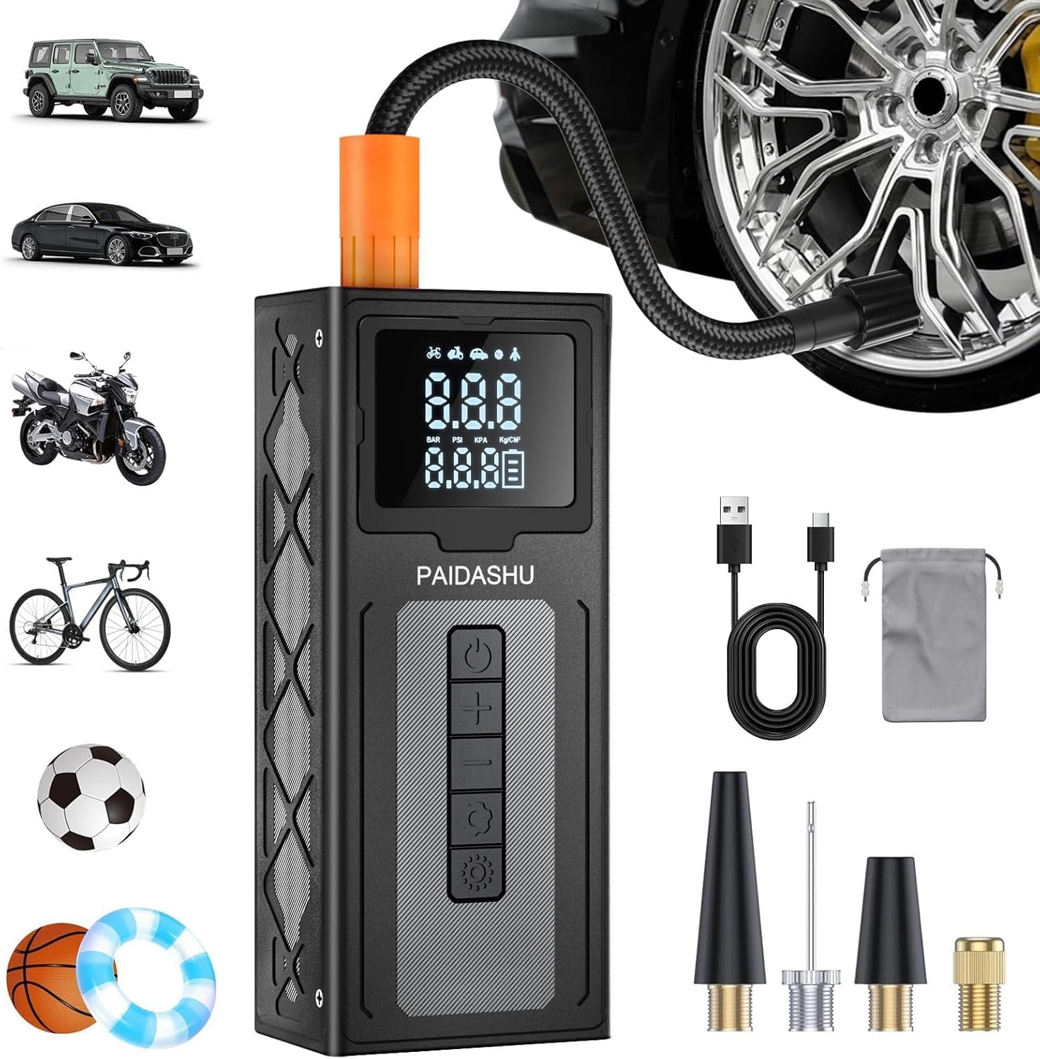 Reifenaufbläser Kabelloser Luftkompressor, Tragbarer 150PSI 6000mAh Elektrischer Fahrradpumpe mit Digitalem Dual-Werte-LCD-Display, Aufladbarer Reifenpumpe für Auto, Fahrrad, Motorrad, Ball