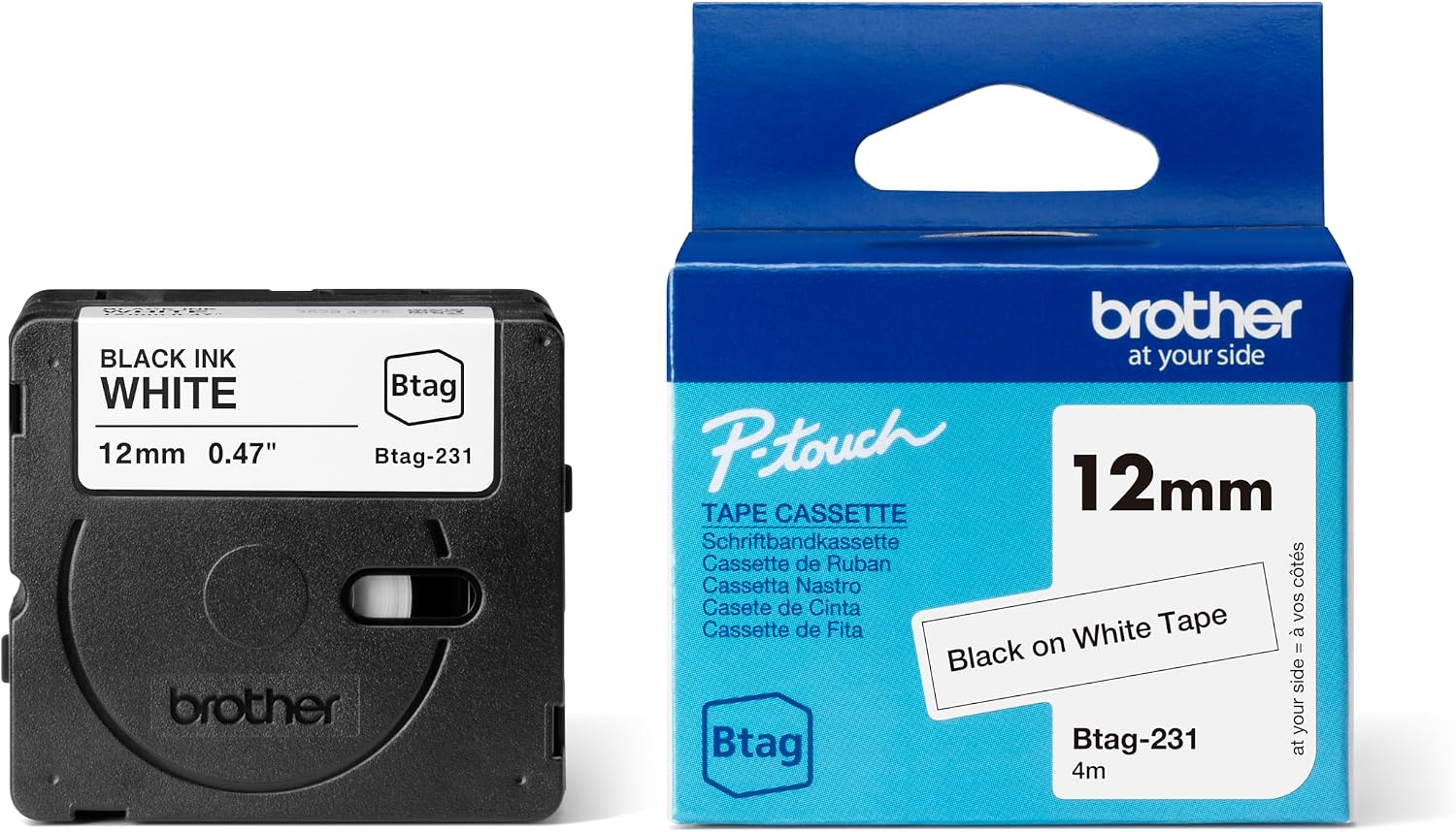 Brother Original Btag-231 Schriftband 12 mm breit, 4 m lang, schwarz/weiß