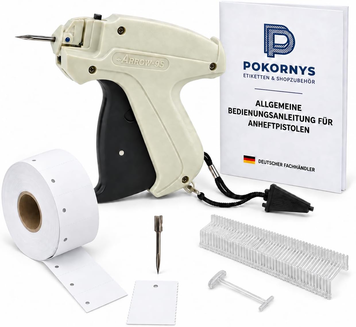Pokornys - Etikettierpistole A&J 90S Standard - im Set mit 1 Ersatznadeln & 1.000 Heftfäden Standard 25mm & 1.000 Kartonetiketten 30x45mm I Etikettiergerät zur Befestigung von Etiketten an Textilien