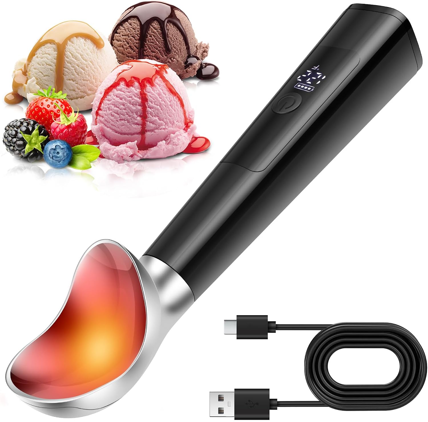 Beheizter Eisportionierer Wiederaufladbar Beheizter Eislöffel mit 3-stufige Temperatureinstellung (35/50/70℃), LED-Digitalanzeige Wasserdicht Eisportionierer Elektrisch 3200mAh Schnellladen