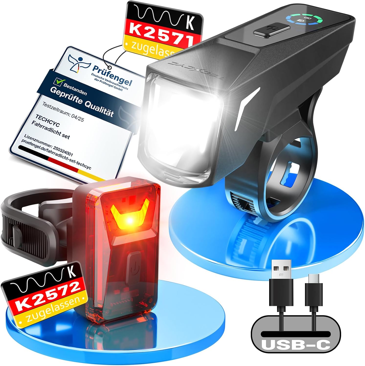 TECHCYC Fahrradlicht Set 70 Lux | Lichtsensor | Max.16h Akkulaufzeit | IPX6