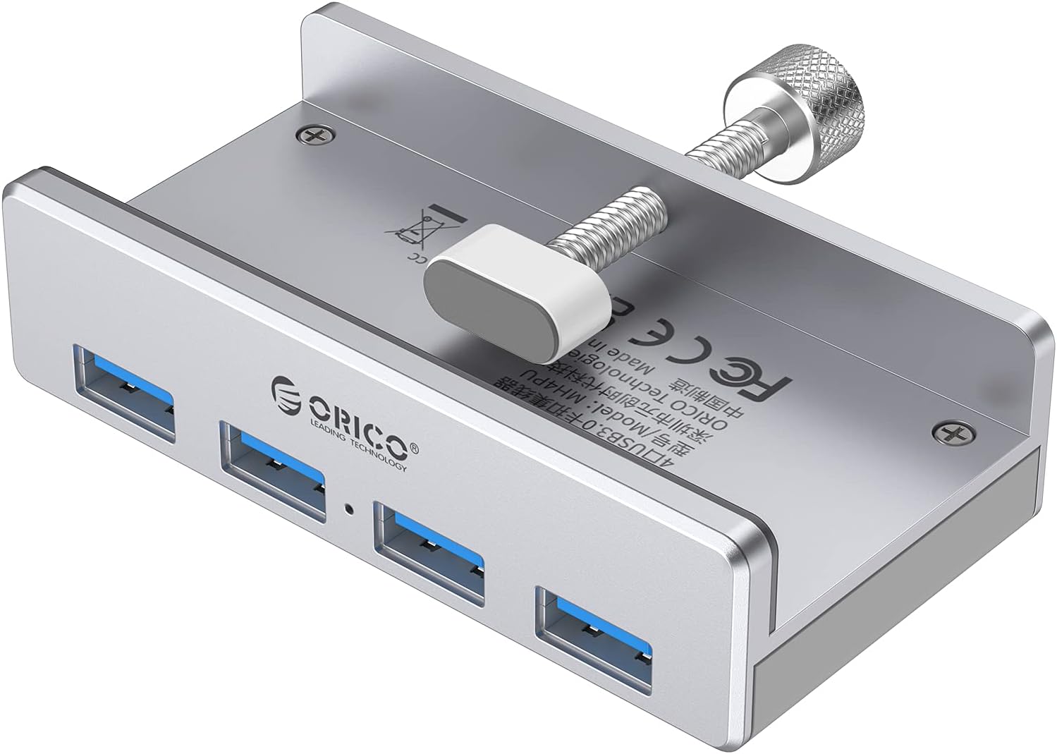 ORICO USB Hub Clip-Typ, 4 Port USB 3.0 Hub 5 Gbps Super Speed Mini Aluminum Datenhub Mit 150cm Kabel (A to A, Weiß) für Monitoren、Schreibtischen (Ohne Netzteilanschluss) - Silber