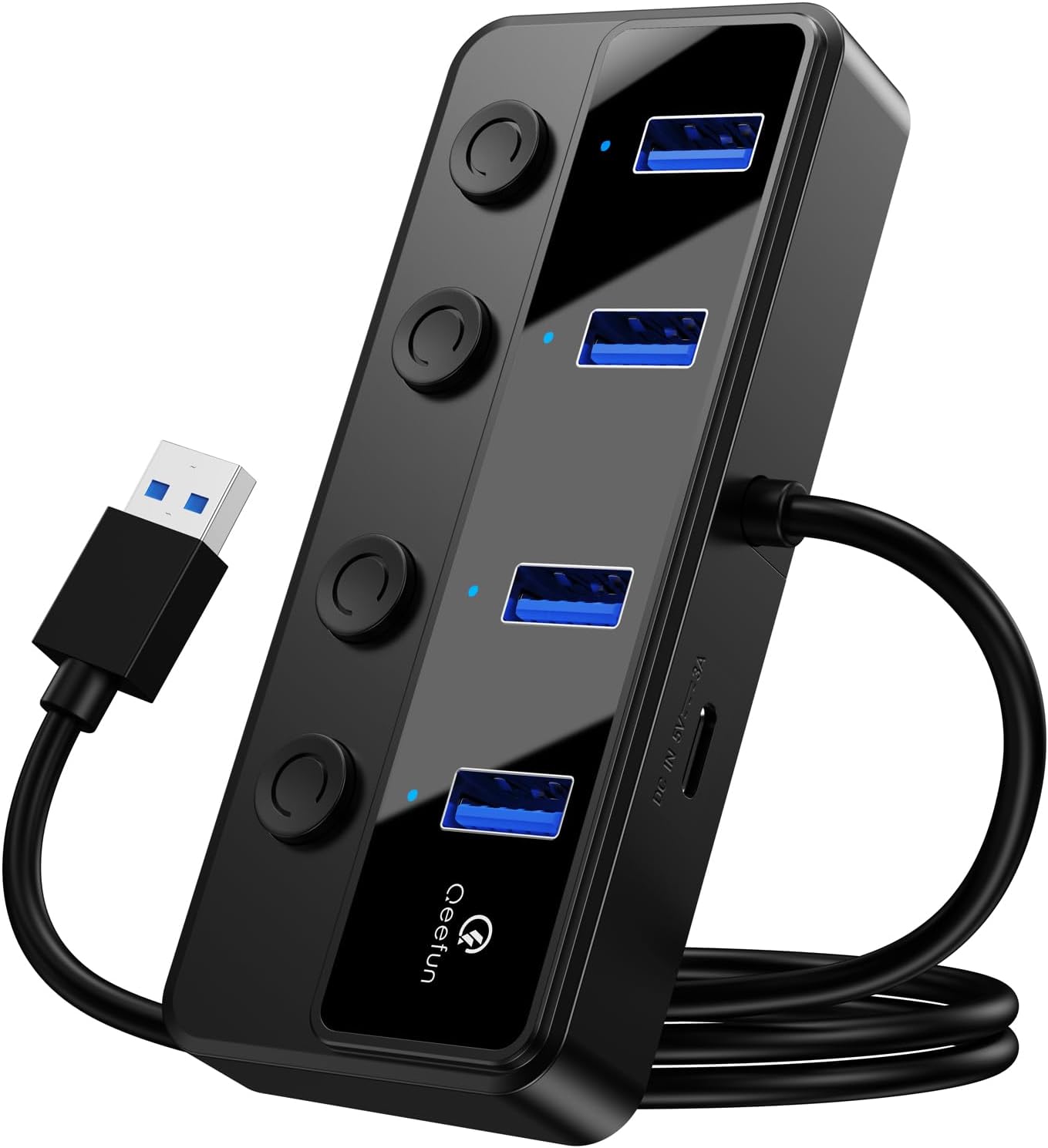 Qeefun 10Gbps USB Hub, USB 3.2 Hub mit 4 USB A Ports, USB 3.2 Gen 2 Splitter, 120cm Extended Long Data Cable und Type-C Power Port, für Dell XPS, Thinkpad, HP und mehr