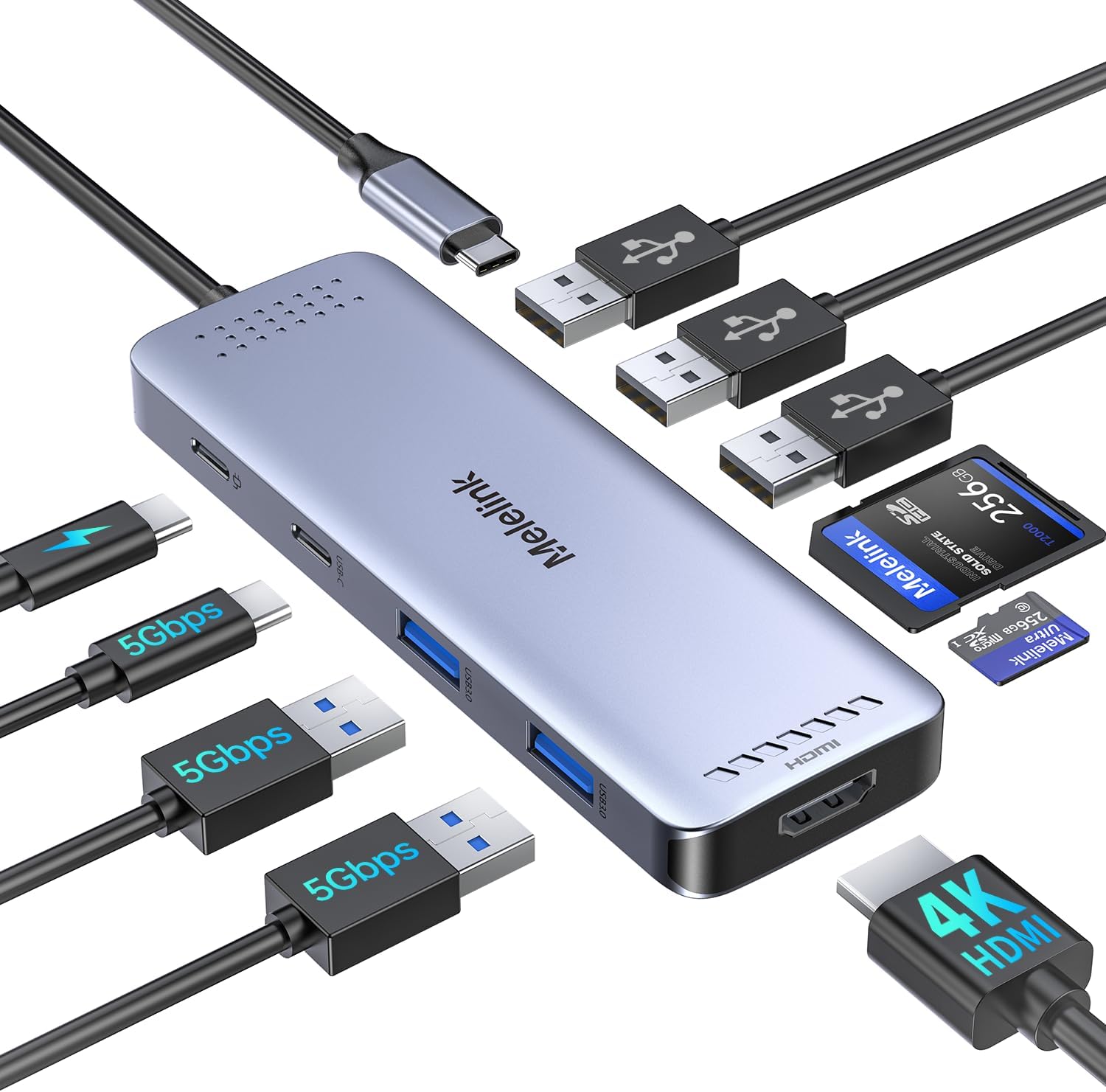 Melelink USB C Hub für MacBook, USB-C Adapter Multiport 10 in 1