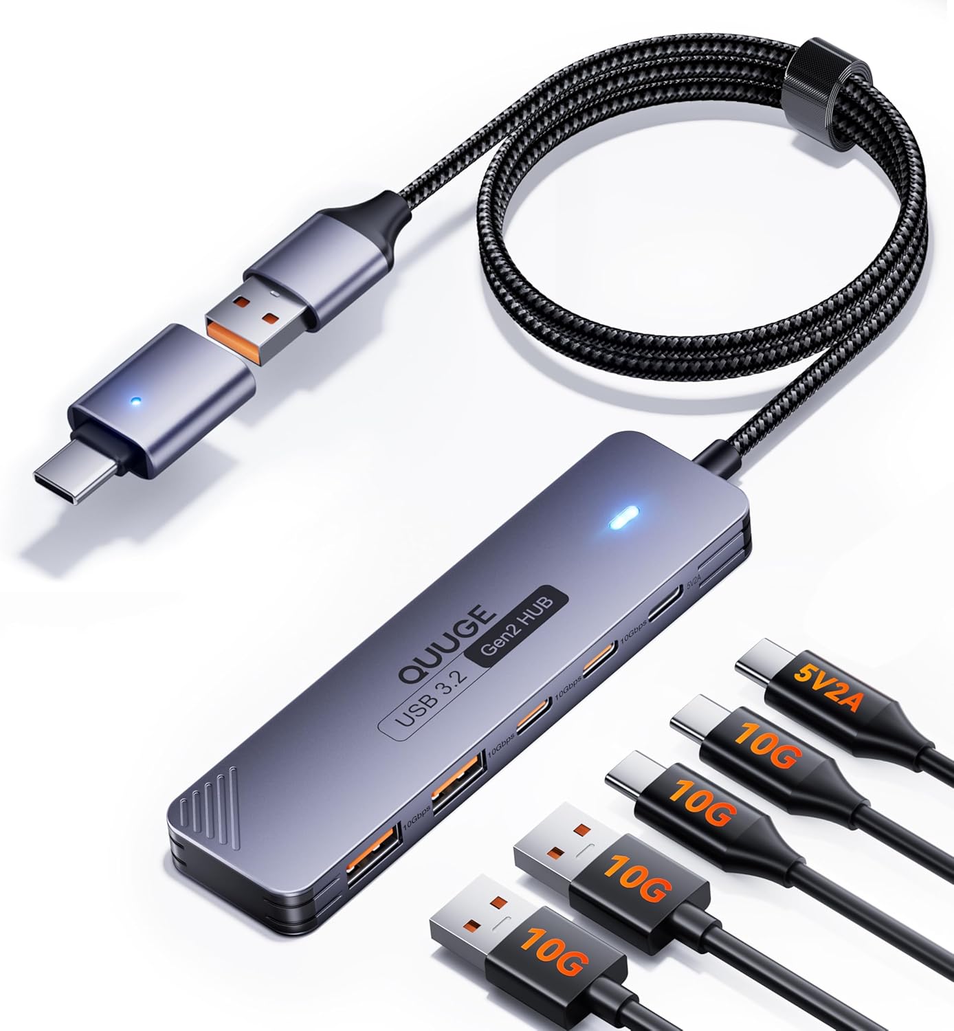 USB Hub 3.2 Gen2, QUUGE 5-in-1 USB Verteiler mit 2 USB-A & 2 USB-C 10Gbps, Multiport Splitter mit A-auf-C Stecker, 120cm Nylon-Kabel, 5V 2A Type-C Port für MacBook Air/Pro, iMac, Laptop, PC, HDD