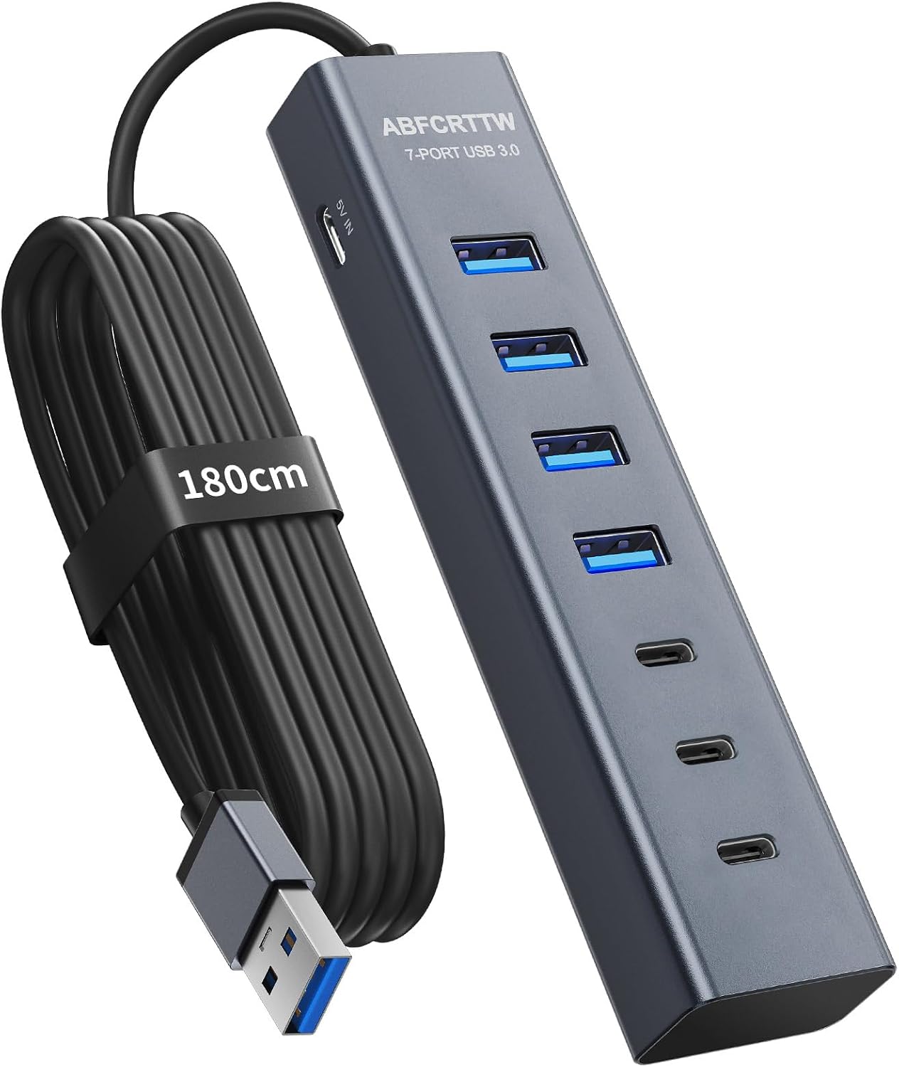 7-Port USB Hub 3.0 mit 120cm Kabel für Desktop, Aluminium USB Verteiler 5Gbps Multiport Adapter mit 4 USB-A & 3 USB-C Port, 5V 3A Type-C Port für PC, Laptop, MacBook, U-Disk, Maus