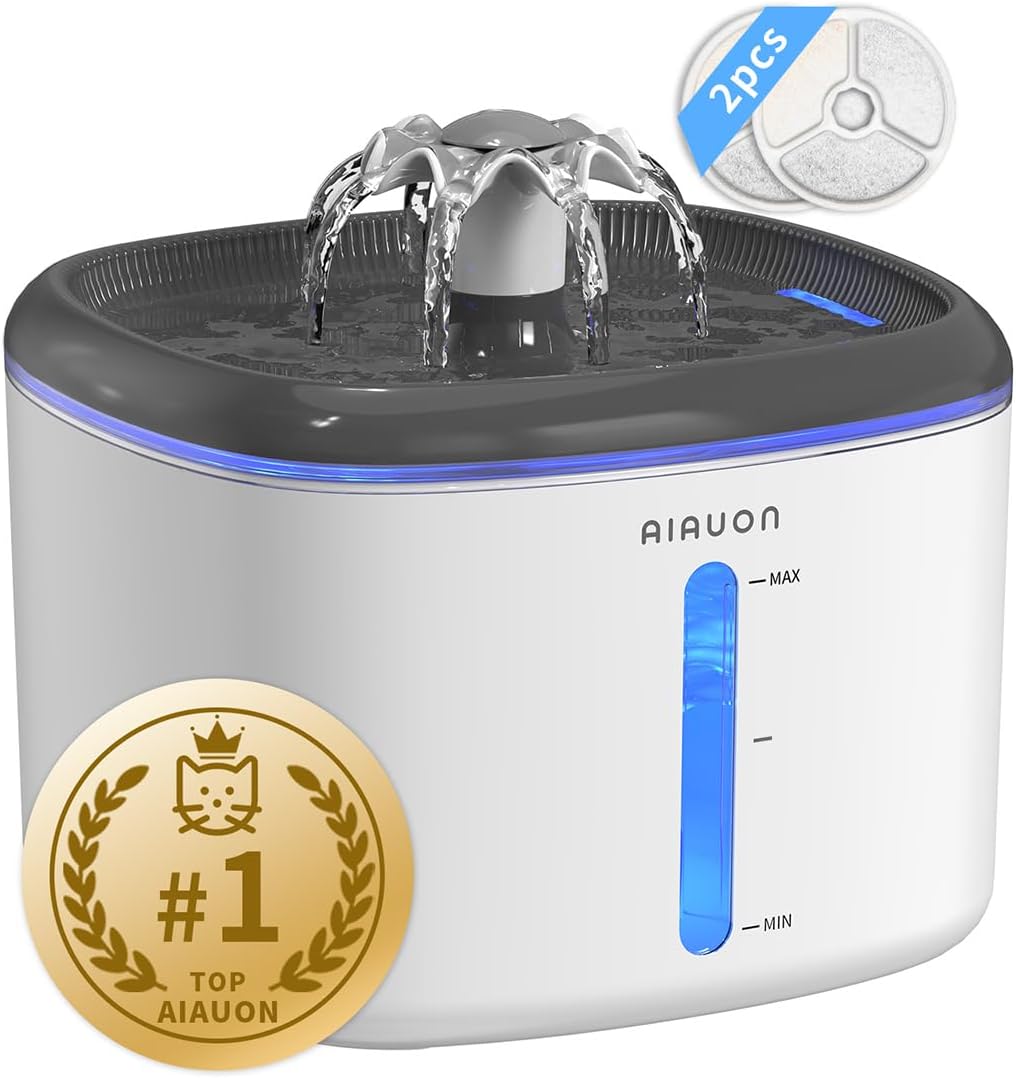 Trinkbrunnen für Katze, 2,5L Katzenbrunnen Leise mit 2 Ersatzfiltern und LED-Wasserstandsfenster für Katzen, kleine Hunde und mehrere Haustiere, Wasserbrunnen für Katzen (Hellgrau+2Filter)