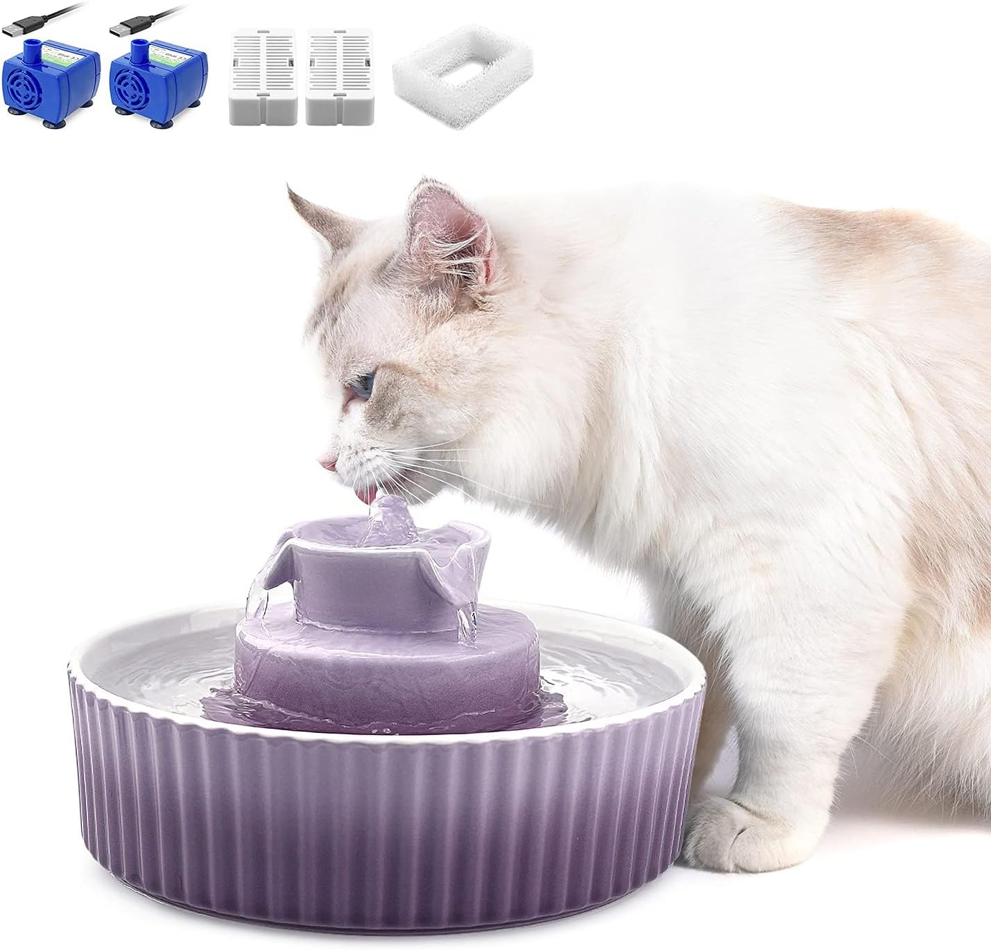 Keramik Katzenbrunnen, VinDox 2.1L Trinkbrunnen für Katze und Hund, 360 Katzenbrunnen Porzellan, Katzen Wasserspender mit Ersatzfilter und Schaumstoff Intelligente Pumpe (Grau)