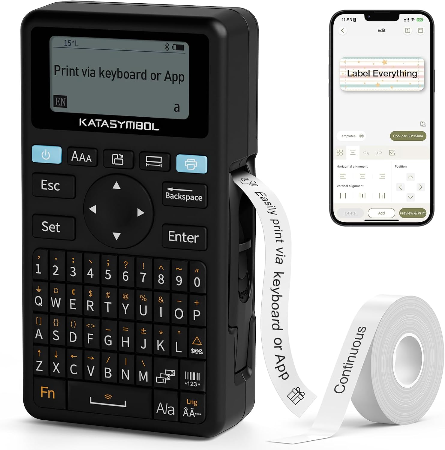 SUPVAN E11 Label Printer, QWERTY & Bluetooth, 4 Tapes, Black
