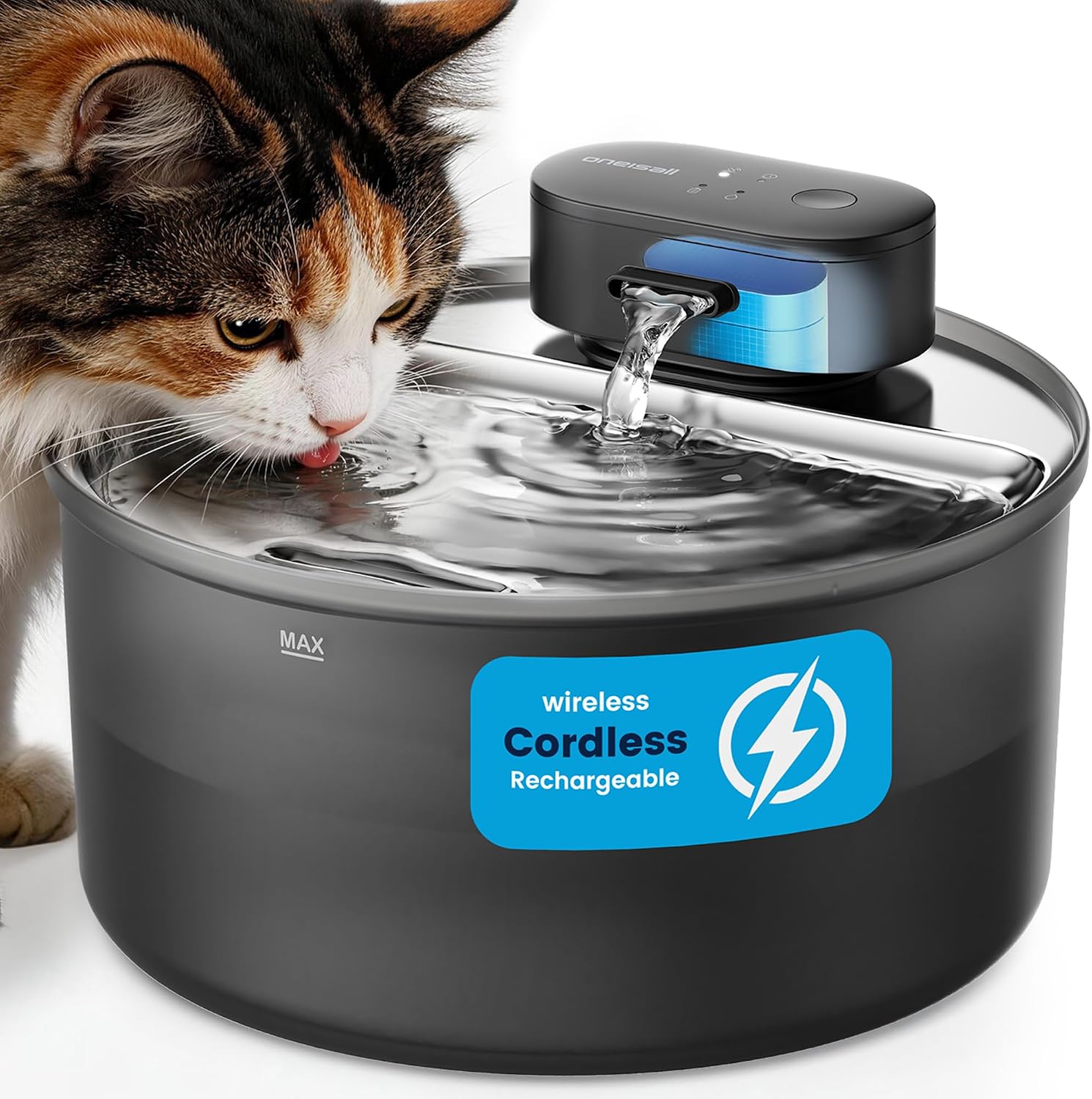 oneisall Katzenbrunnen Kabellos, 3,2L Edelstahl Trinkbrunnen für Katze