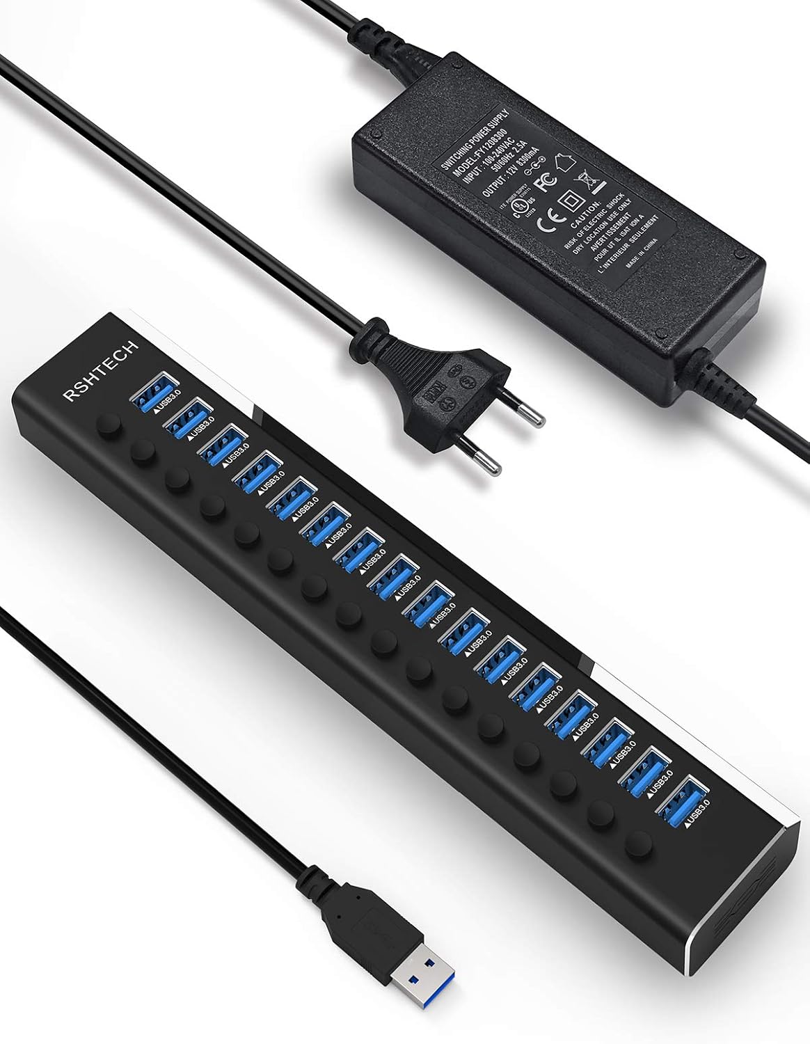 RSHTECH Aluminium16 Port USB Hub Aktiv 3.0 mit 100W Netzteil, RSH-A16